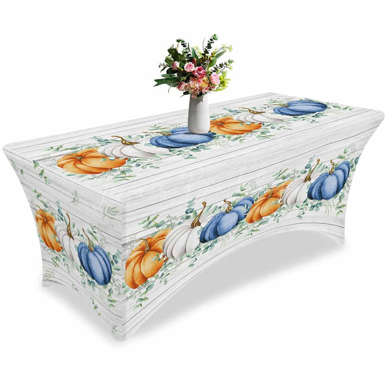 Lofaris Fall Thanksgiving Watercolor Pumpkin Wooden Stretch Table Cover