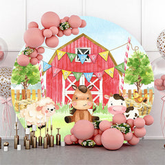 Lofaris Farm Animals Red Barn Round Happy Birthday Backdrop