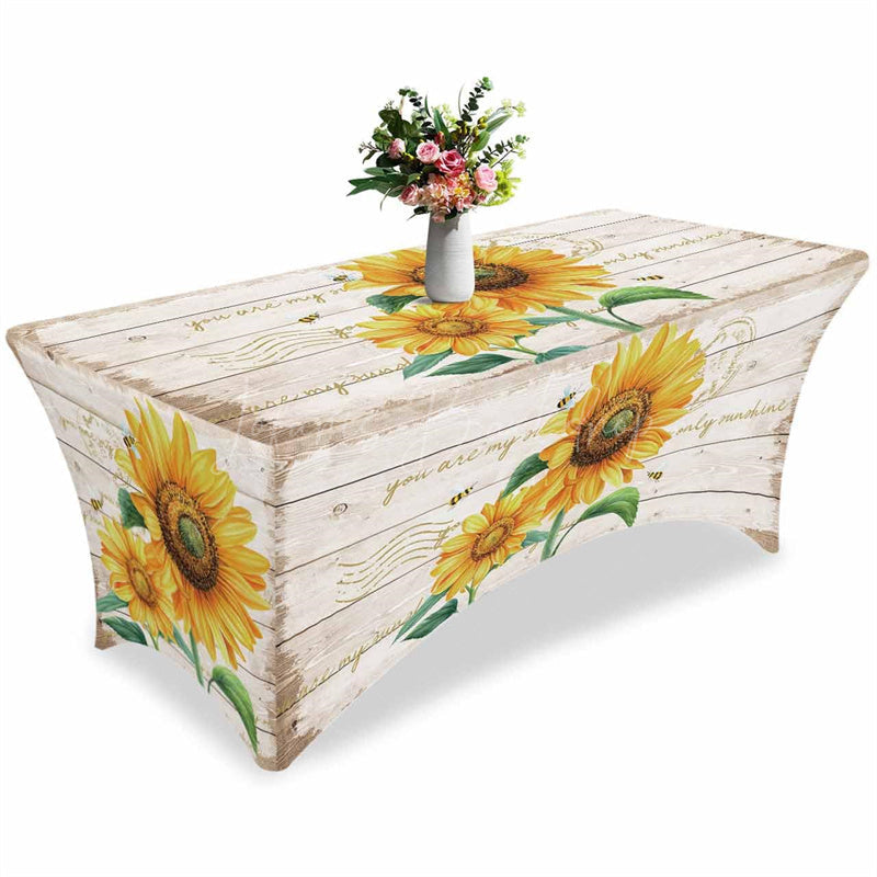 Lofaris Farmhouse Sunflower Wood Plank Stretch Table Cover