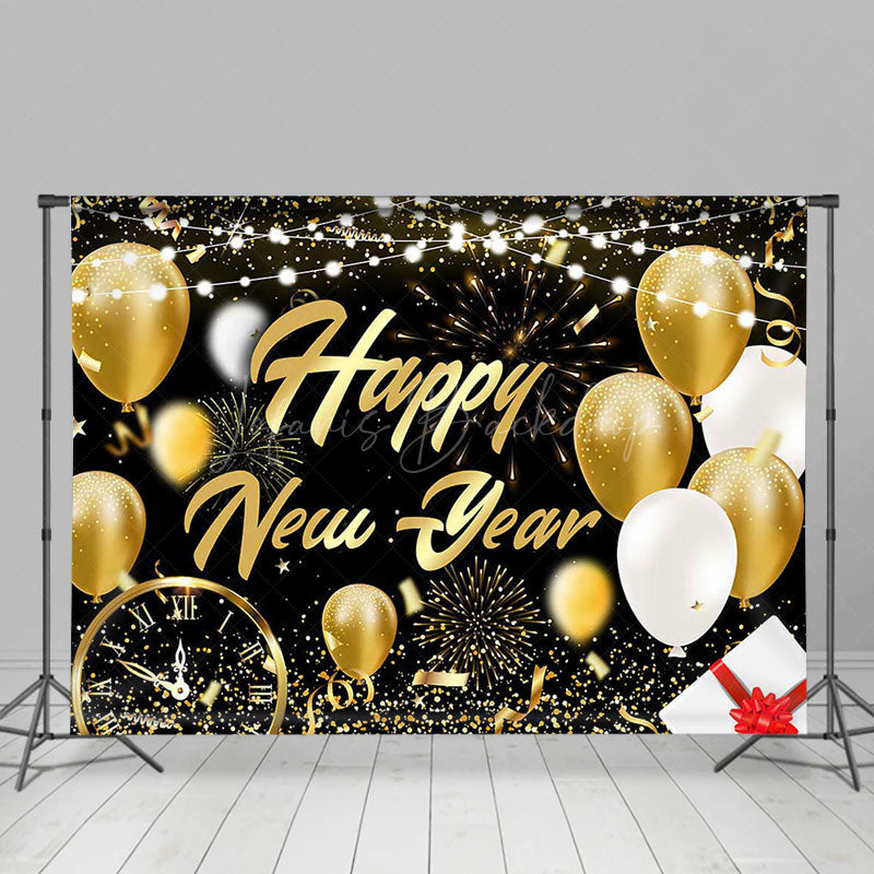 Lofaris Festive Black Gold Balloon Happy New Year Backdrop