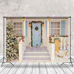 Lofaris Festive Blue Door Snowy House Steps Xmas Backdrop