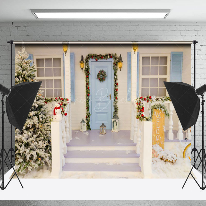 Lofaris Festive Blue Door Snowy House Steps Xmas Backdrop