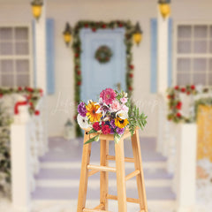 Lofaris Festive Blue Door Snowy House Steps Xmas Backdrop