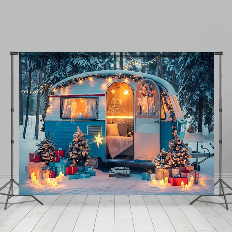 Lofaris Festive Blue White Camper Van Winter Forest Backdrop