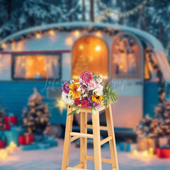 Lofaris Festive Blue White Camper Van Winter Forest Backdrop