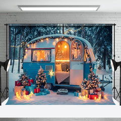 Lofaris Festive Blue White Camper Van Winter Forest Backdrop