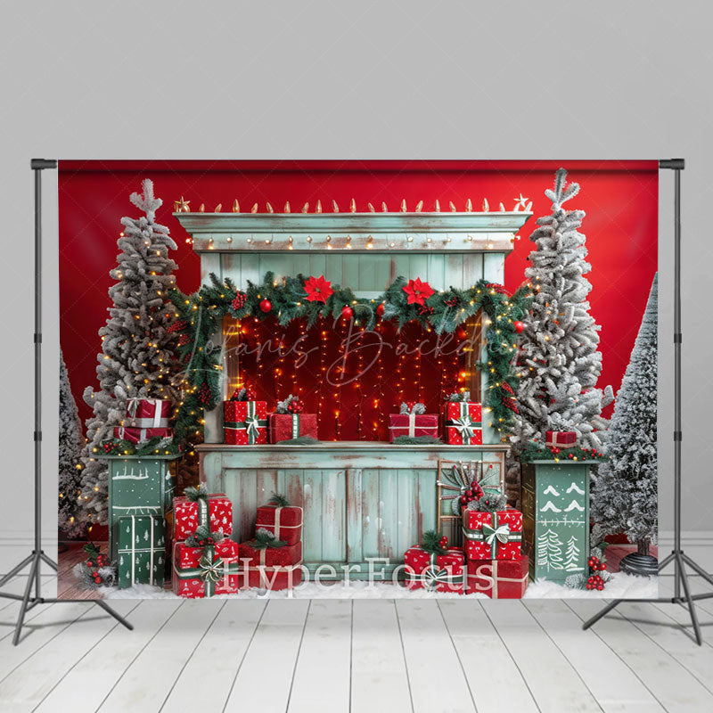 Lofaris Festive Christmas Red Wall Green Shelves Backdrop