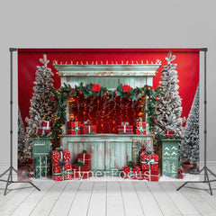 Lofaris Festive Christmas Red Wall Green Shelves Backdrop