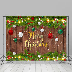 Lofaris Festive Green Leaves Snow Wood Christmas Backdrop