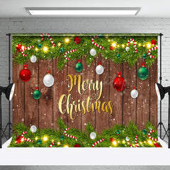 Lofaris Festive Green Leaves Snow Wood Christmas Backdrop