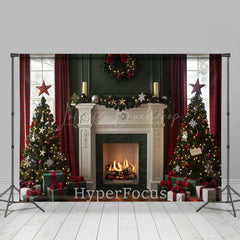 Lofaris Festive Green Red Fireplace Christmas Vibe Backdrop