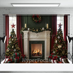 Lofaris Festive Green Red Fireplace Christmas Vibe Backdrop