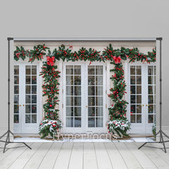 Lofaris Festive Pine Leaves White Window Christmas Backdrop