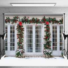 Lofaris Festive Pine Leaves White Window Christmas Backdrop