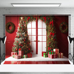 Lofaris Festive Pine Trees Wreath Red Door Xmas Backdrop