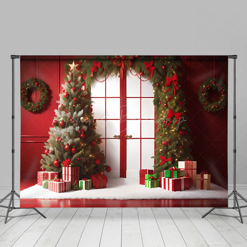 Lofaris Festive Pine Trees Wreath Red Door Xmas Backdrop