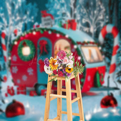 Lofaris Festive Red Camper Van Forest Merry Xmas Backdrop