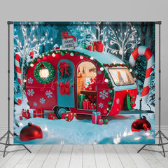 Lofaris Festive Red Camper Van Forest Merry Xmas Backdrop