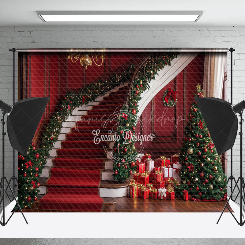 Lofaris Festive Red Stairs Gifts Trees Christmas Backdrop