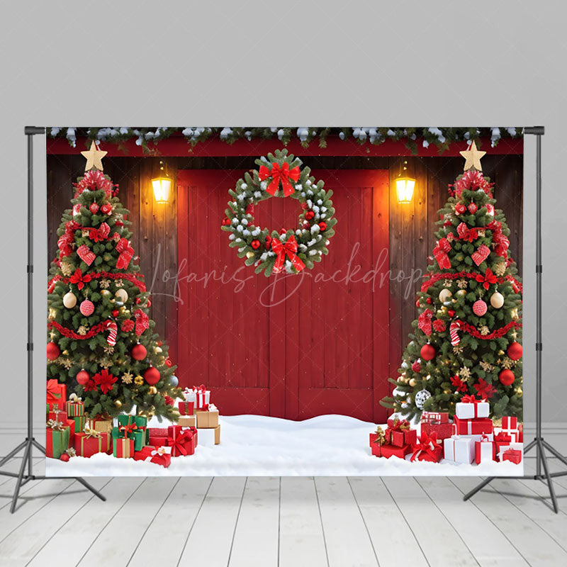 Lofaris Festive Red Wooden Door Christmas Trees Backdrop