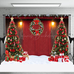 Lofaris Festive Red Wooden Door Christmas Trees Backdrop