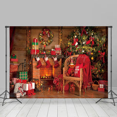 Lofaris Festive Red Wooden Room Fireplace Christmas Backdrop