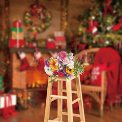 Lofaris Festive Red Wooden Room Fireplace Christmas Backdrop