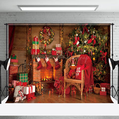 Lofaris Festive Red Wooden Room Fireplace Christmas Backdrop