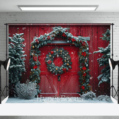 Lofaris Festive Snowy Christmas Red Barn Door Photo Backdrop