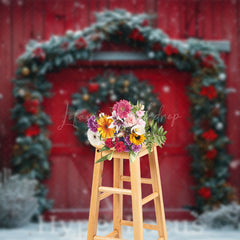 Lofaris Festive Snowy Christmas Red Barn Door Photo Backdrop