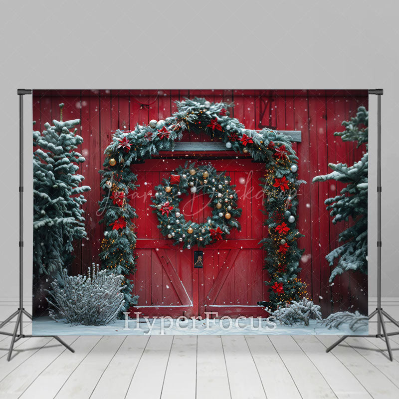 Lofaris Festive Snowy Christmas Red Barn Door Photo Backdrop