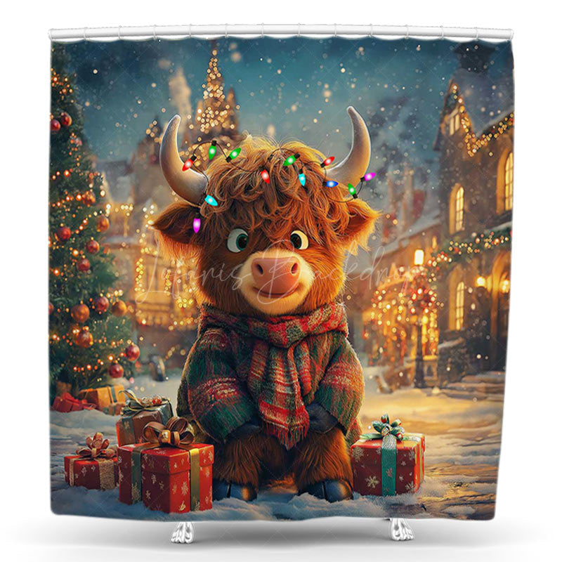 Lofaris Festive Town Tree Gifts Cow Christmas Shower Curtain