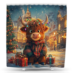 Lofaris Festive Town Tree Gifts Cow Christmas Shower Curtain