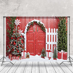 Lofaris Festive Tree Red Wood Door Fence Christmas Backdrop