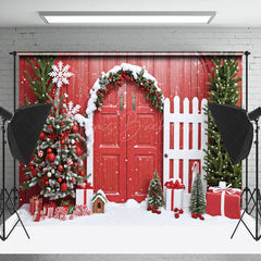 Lofaris Festive Tree Red Wood Door Fence Christmas Backdrop