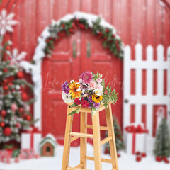 Lofaris Festive Tree Red Wood Door Fence Christmas Backdrop