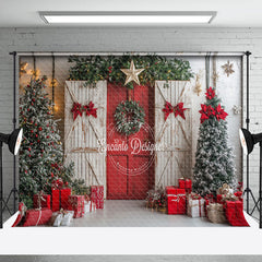 Lofaris Festive White Red Wood Door Christmas Vibe Backdrop