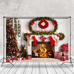 Lofaris Festive White Room Fireplace Tree Christmas Backdrop