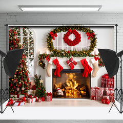 Lofaris Festive White Room Fireplace Tree Christmas Backdrop