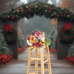 Lofaris Festive Wood Door Pine Trees Path Christmas Backdrop