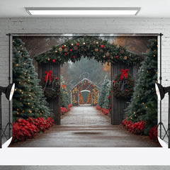 Lofaris Festive Wood Door Pine Trees Path Christmas Backdrop