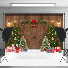 Lofaris Festive Wooden Door Xmas Trees Christmas Backdrop