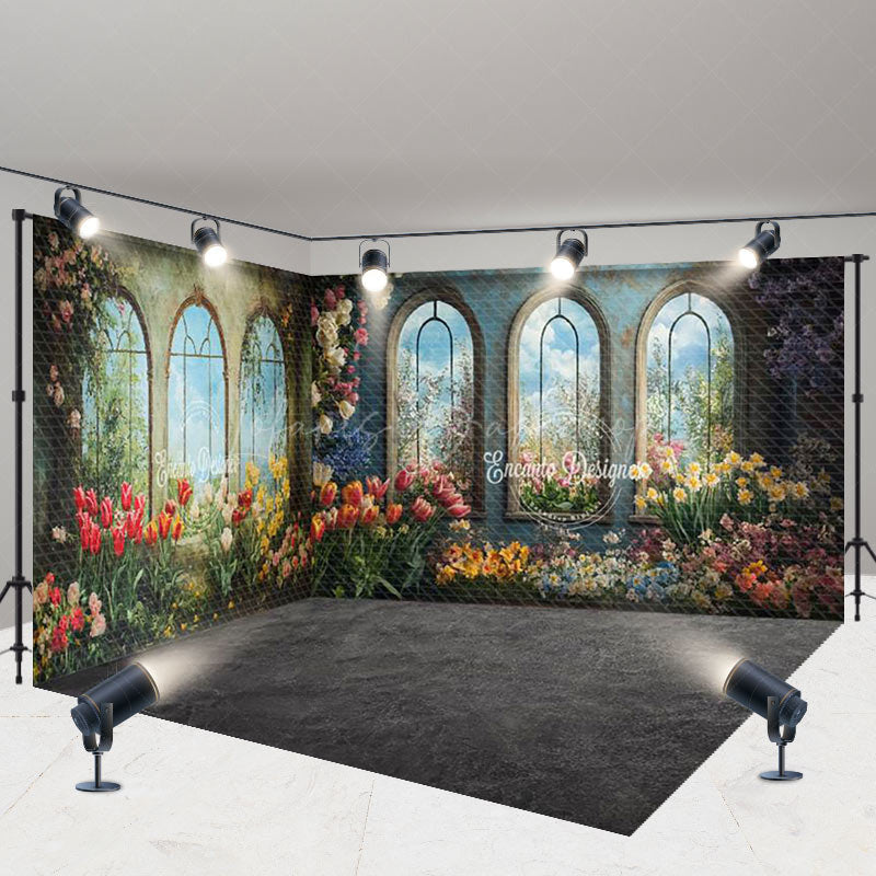 Lofaris Fine Art Window Colorful Floral Room Set Backdrop