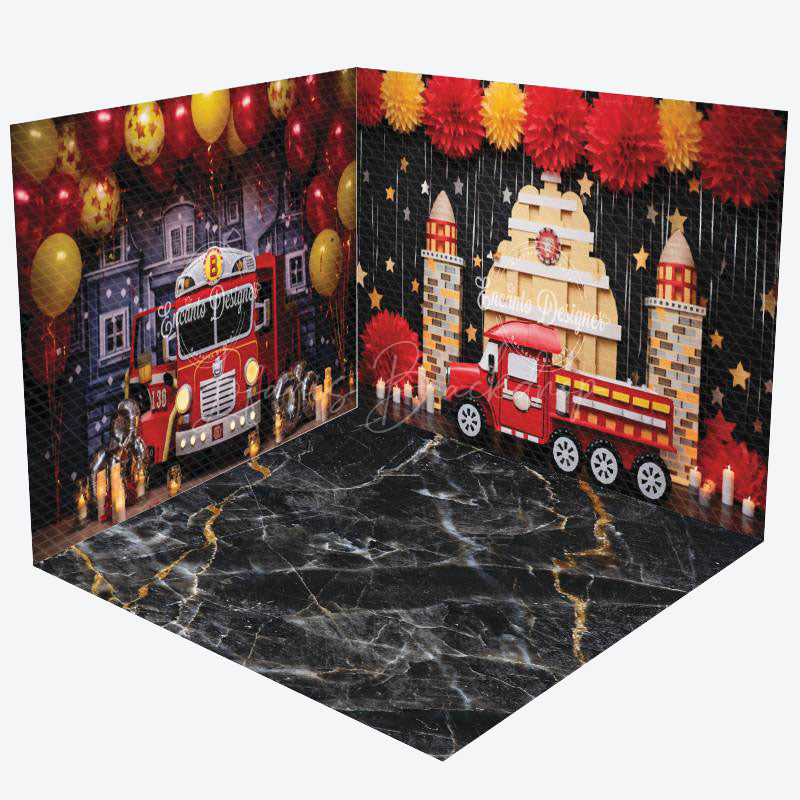 Lofaris Fire Truck Balloons Boy Cake Smash Room Set Backdrop