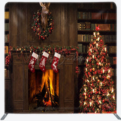 Lofaris Fireplace Bookshelf Christmas Pillow Case Backdrop