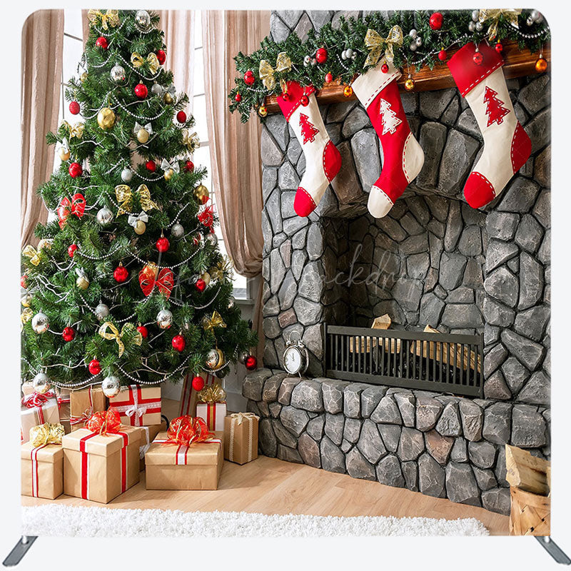 Lofaris Fireplace Christmas Tree Square Pillow Case Backdrop