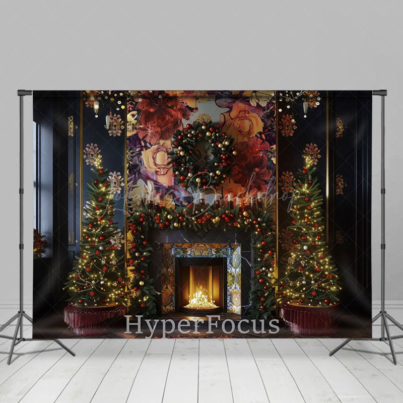 Lofaris Fireplace Navy Wall Floral Mural Christmas Backdrop