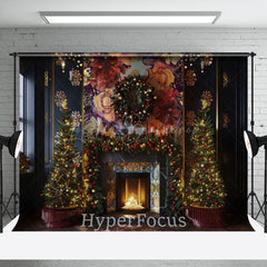 Lofaris Fireplace Navy Wall Floral Mural Christmas Backdrop