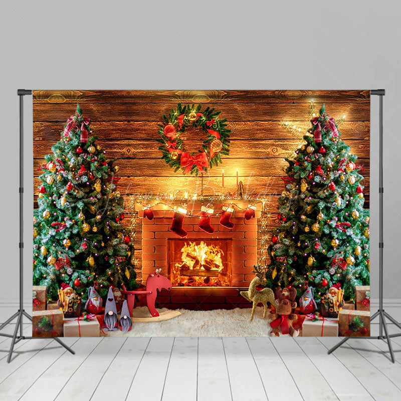 Lofaris Fireplace Wreath Wooden Christmas Tree Backdrop