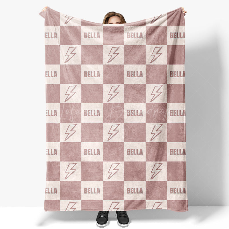 Lofaris Flesh Pink Lightning Icon Plaid Custom Name Blanket